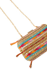Multicolor Beaded Satin Box Clutch with Removable Chain