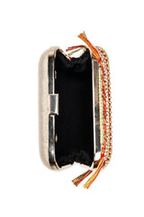 Multicolor Beaded Satin Box Clutch with Removable Chain