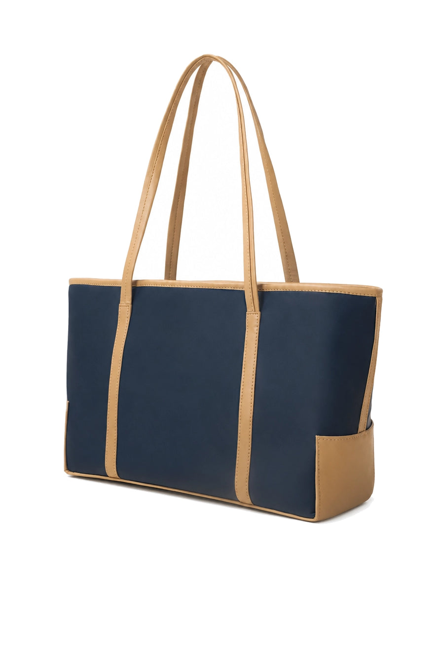 Navy and Tan Contrast Structured Shoulder Tote Bag