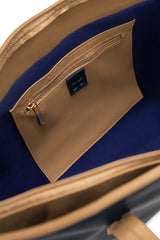 Navy and Tan Contrast Structured Shoulder Tote Bag