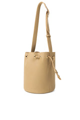 Beige Cylindrical Drawstring Shoulder Bag with Adjustable Strap