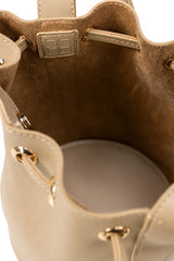 Beige Cylindrical Drawstring Shoulder Bag with Adjustable Strap