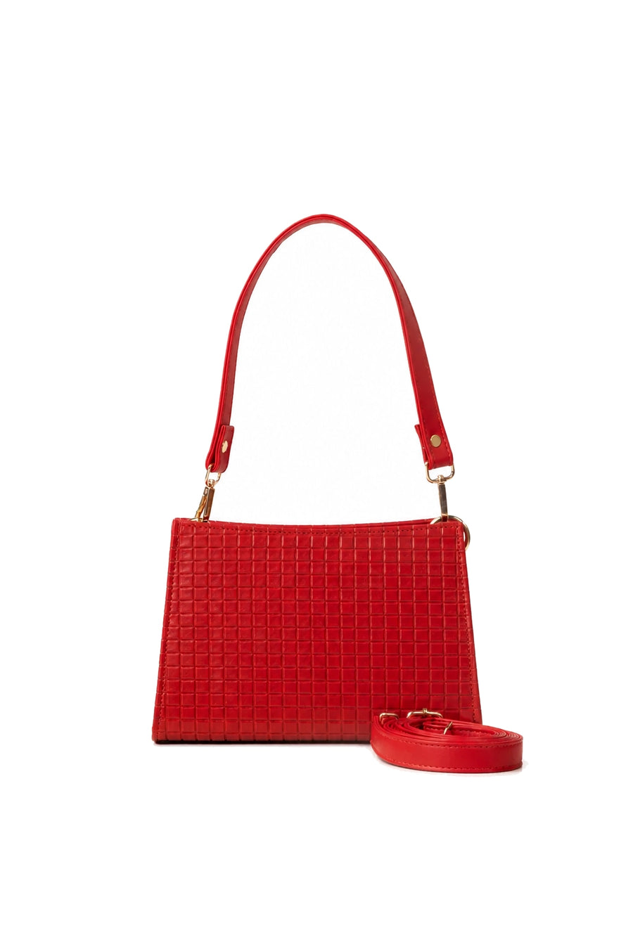 Red Embossed Grid Shoulder Bag with Short and Long Straps
