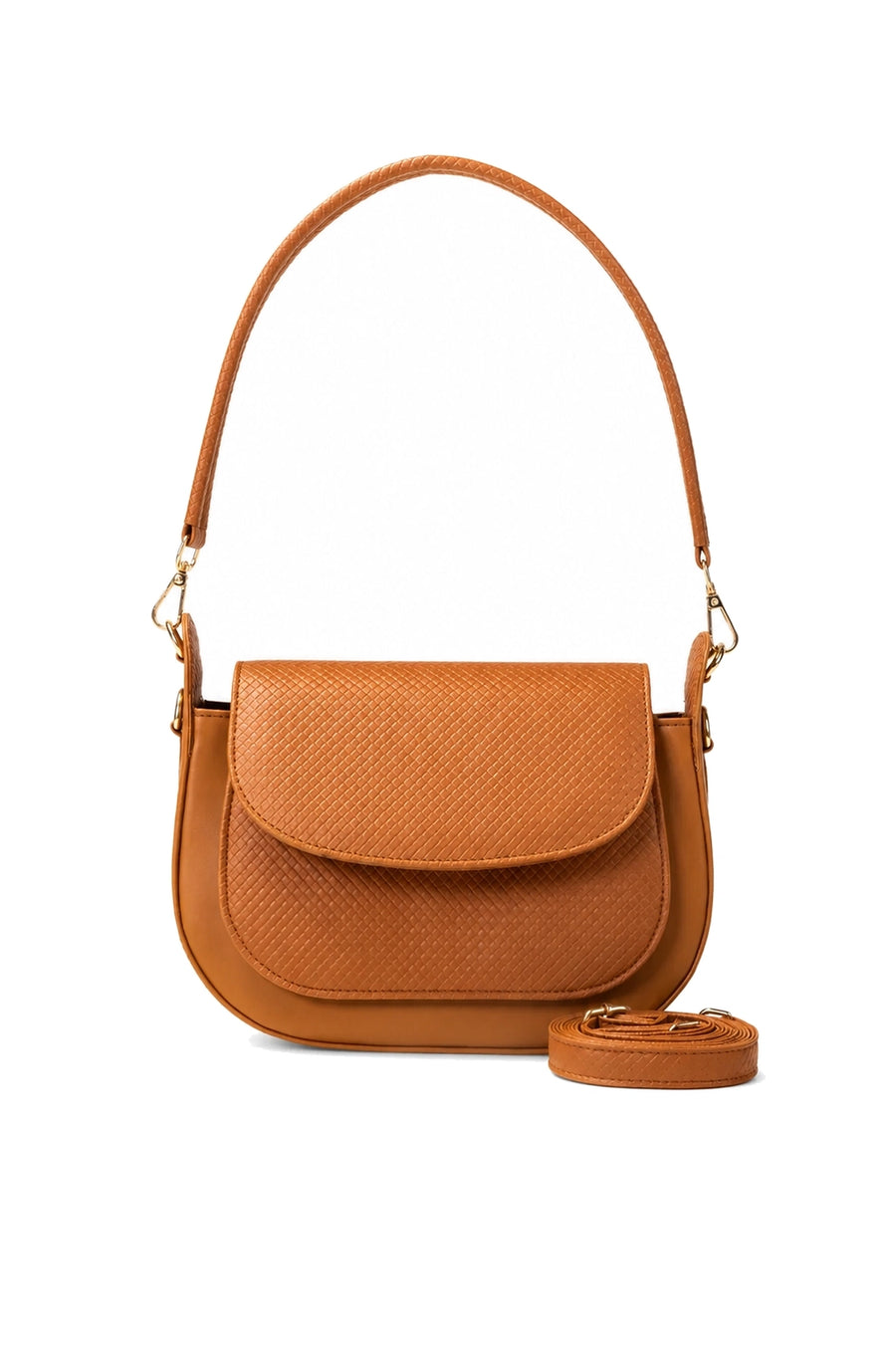 Cognac Tan Textured-Flap Saddle Shoulder Bag