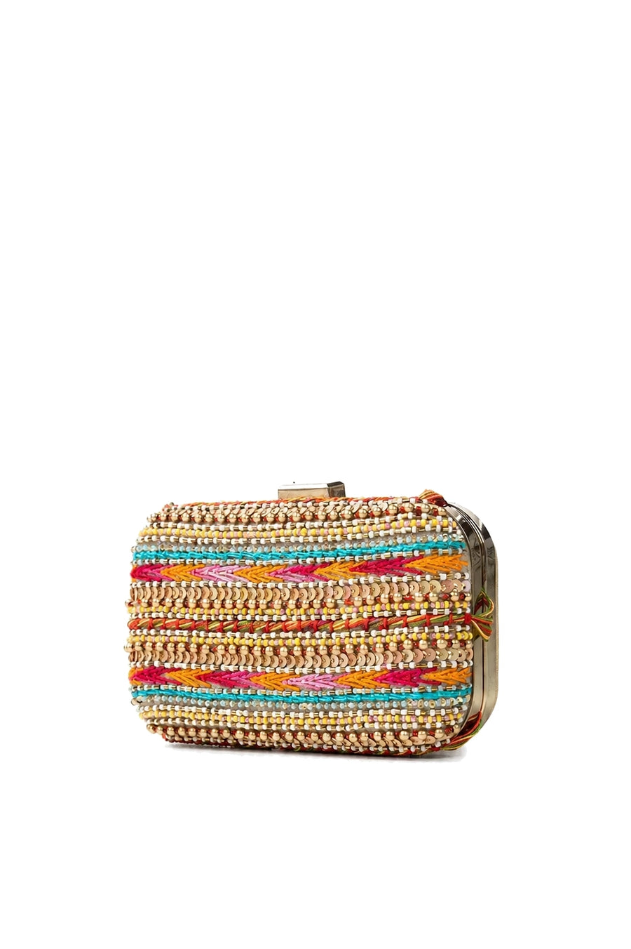 Multicolor Beaded Satin Box Clutch with Removable Chain