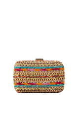 Multicolor Beaded Satin Box Clutch with Removable Chain