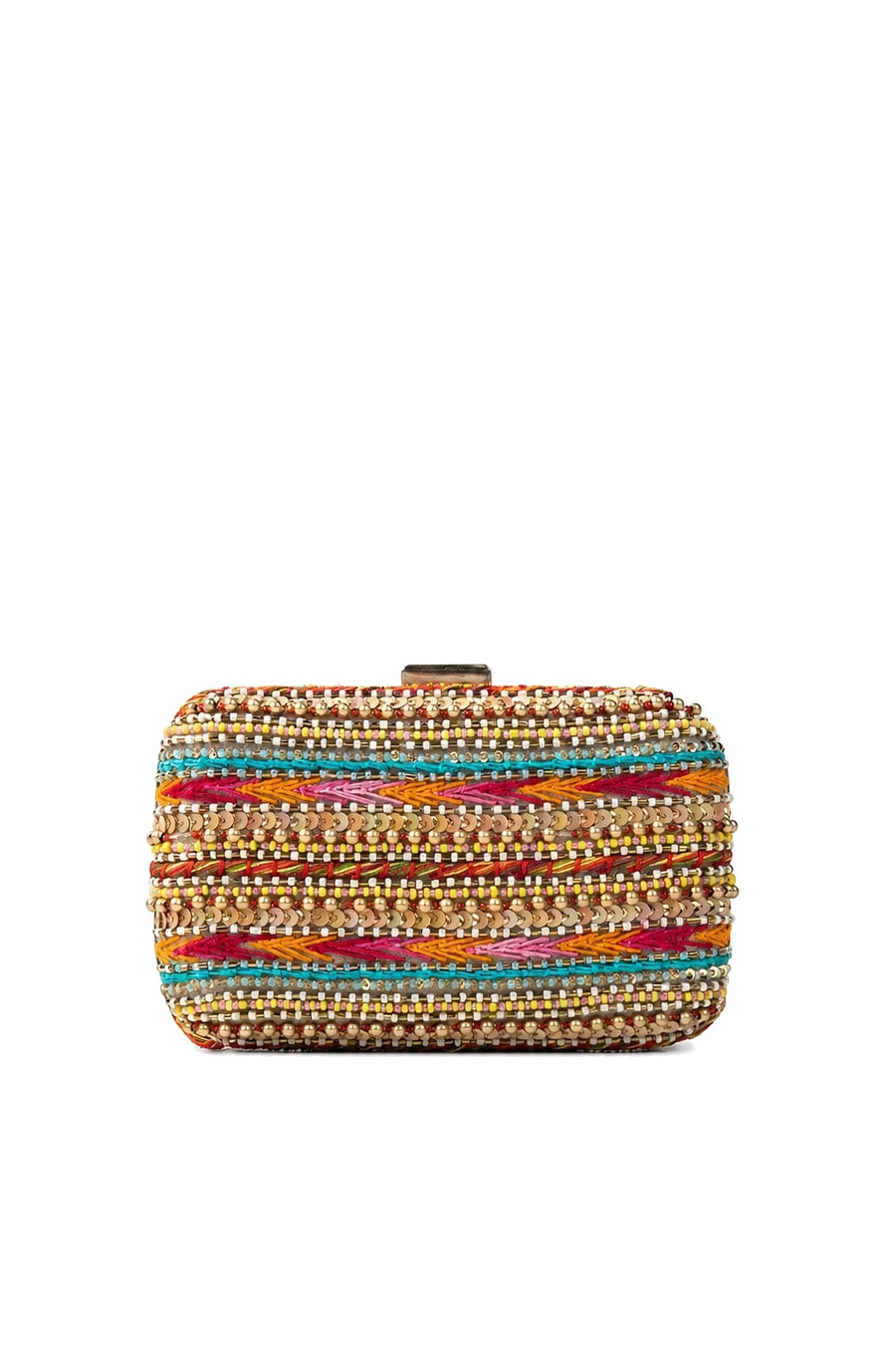 Multicolor Beaded Satin Box Clutch with Removable Chain