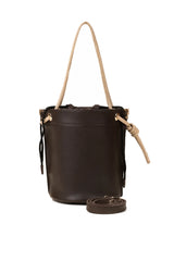 Dark Brown and Beige Contrast Drawstring Bucket Bag with Detachable Strap