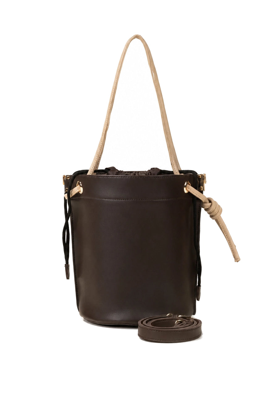Dark Brown and Beige Contrast Drawstring Bucket Bag with Detachable Strap