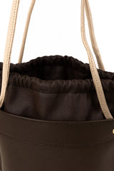 Dark Brown and Beige Contrast Drawstring Bucket Bag with Detachable Strap