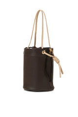 Dark Brown and Beige Contrast Drawstring Bucket Bag with Detachable Strap