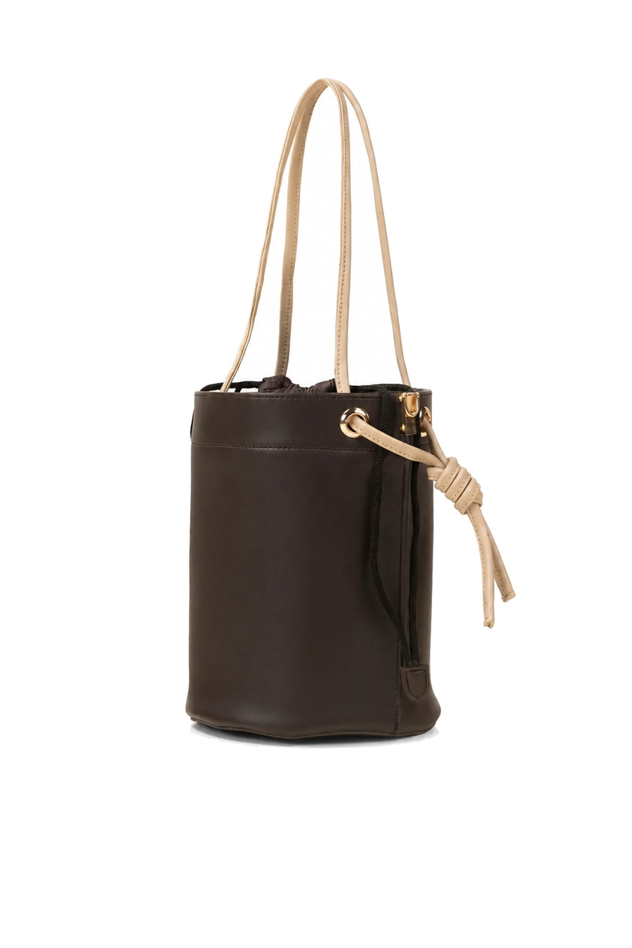 Dark Brown and Beige Contrast Drawstring Bucket Bag with Detachable Strap