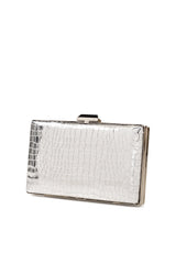 Silver Croc-Embossed Box Clutch with Chain Strap