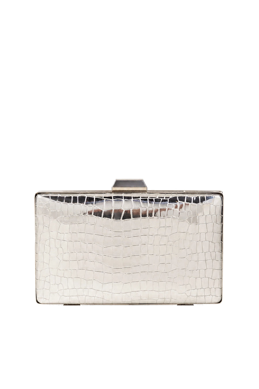 Silver Croc-Embossed Box Clutch with Chain Strap