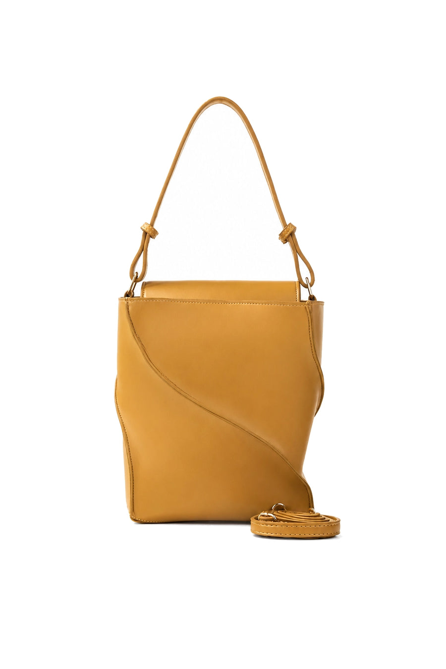 Mustard Tan Curved-Panel Shoulder Bag with Detachable Strap