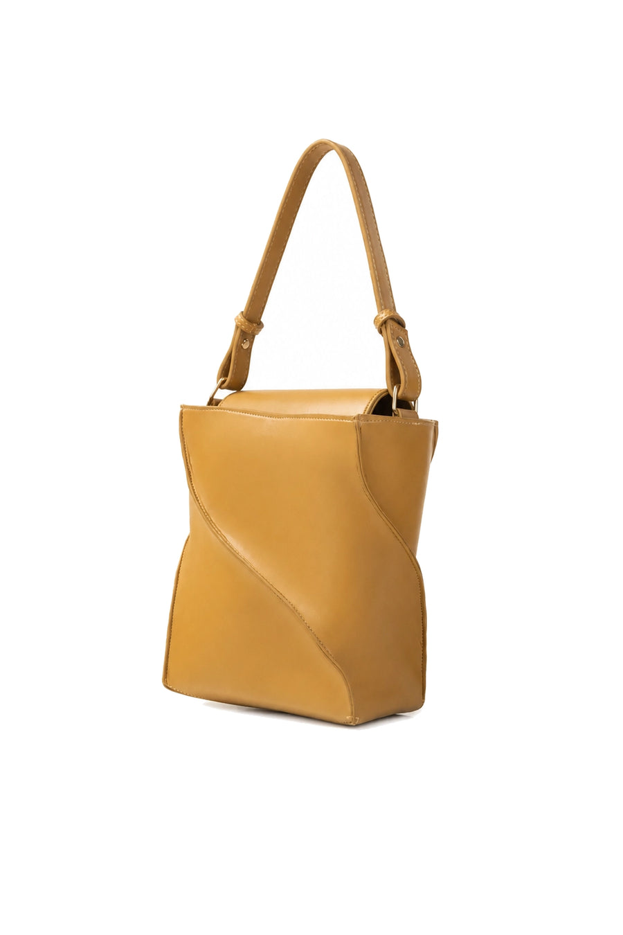 Mustard Tan Curved-Panel Shoulder Bag with Detachable Strap