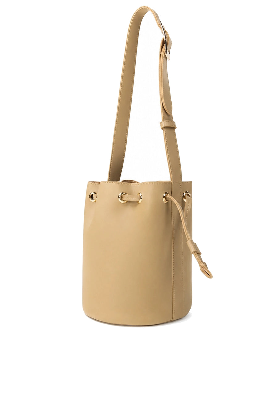 Beige Cylindrical Drawstring Shoulder Bag with Adjustable Strap