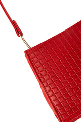 Red Embossed Grid Shoulder Bag with Short and Long Straps