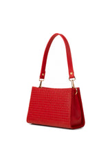 Red Embossed Grid Shoulder Bag with Short and Long Straps