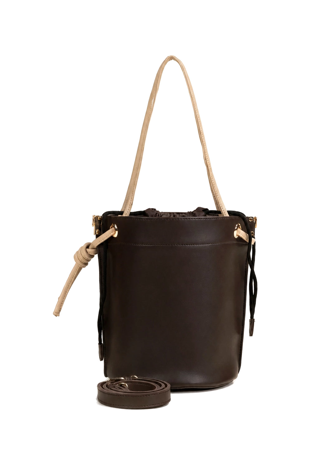 Contrast Drawstring Bucket Bag with Detachable Strap in Brown