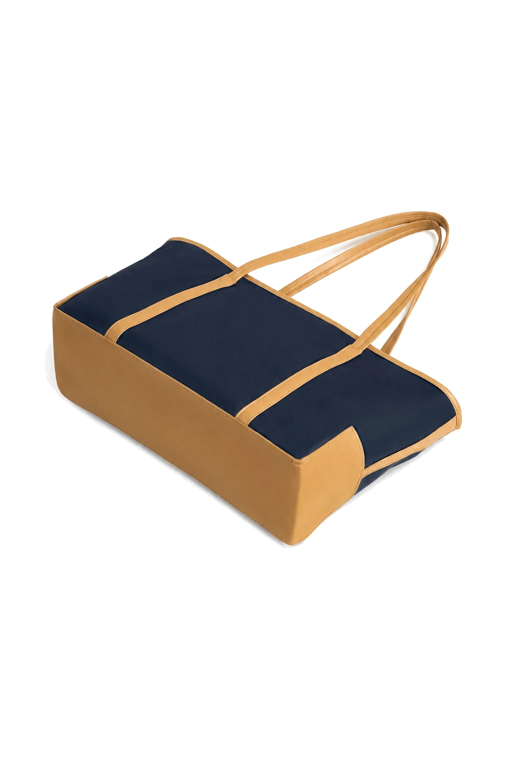 Contrast Structured Shoulder Tote Bag with Zip Top in Navy and Tan