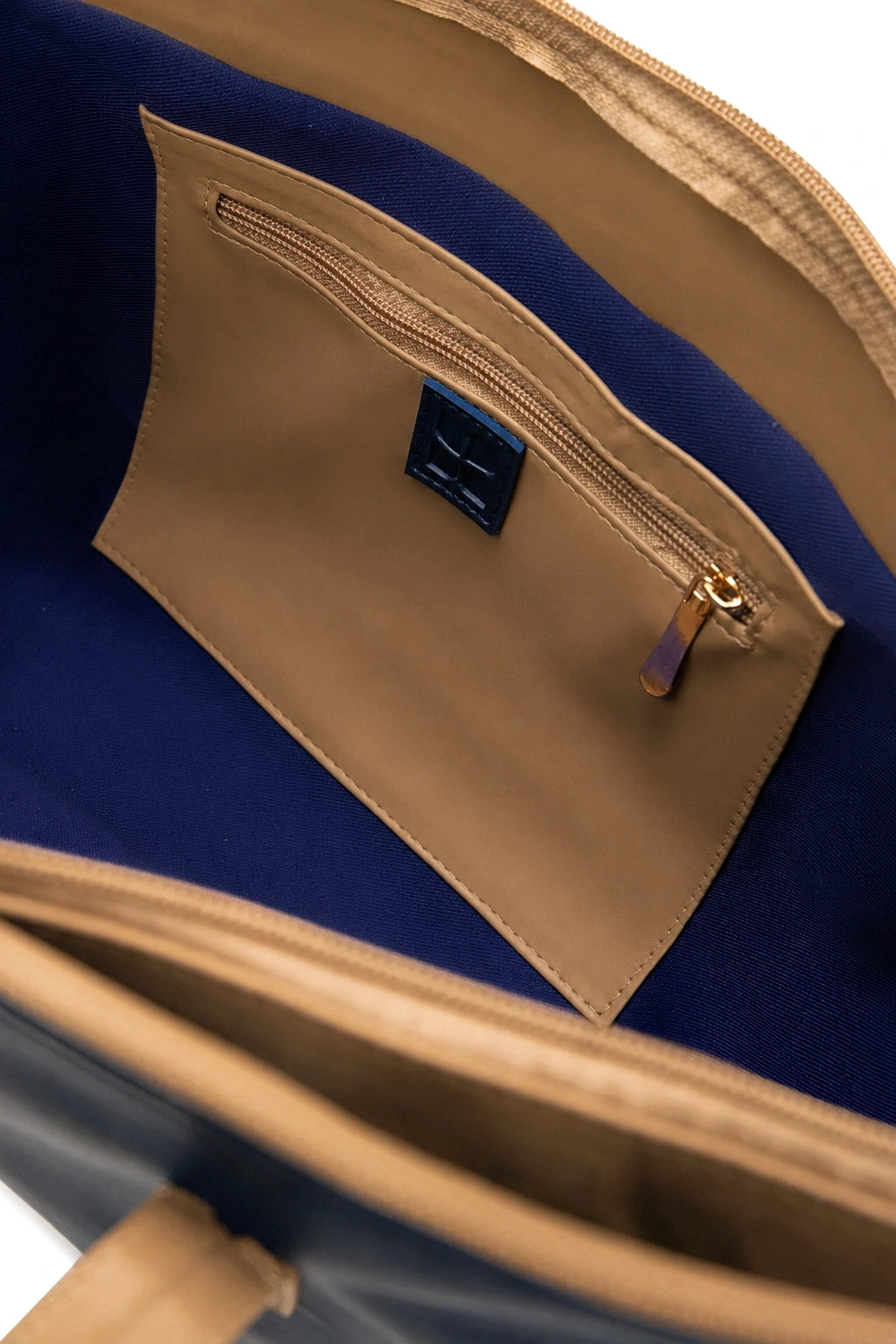Contrast Structured Shoulder Tote Bag with Zip Top in Navy and Tan