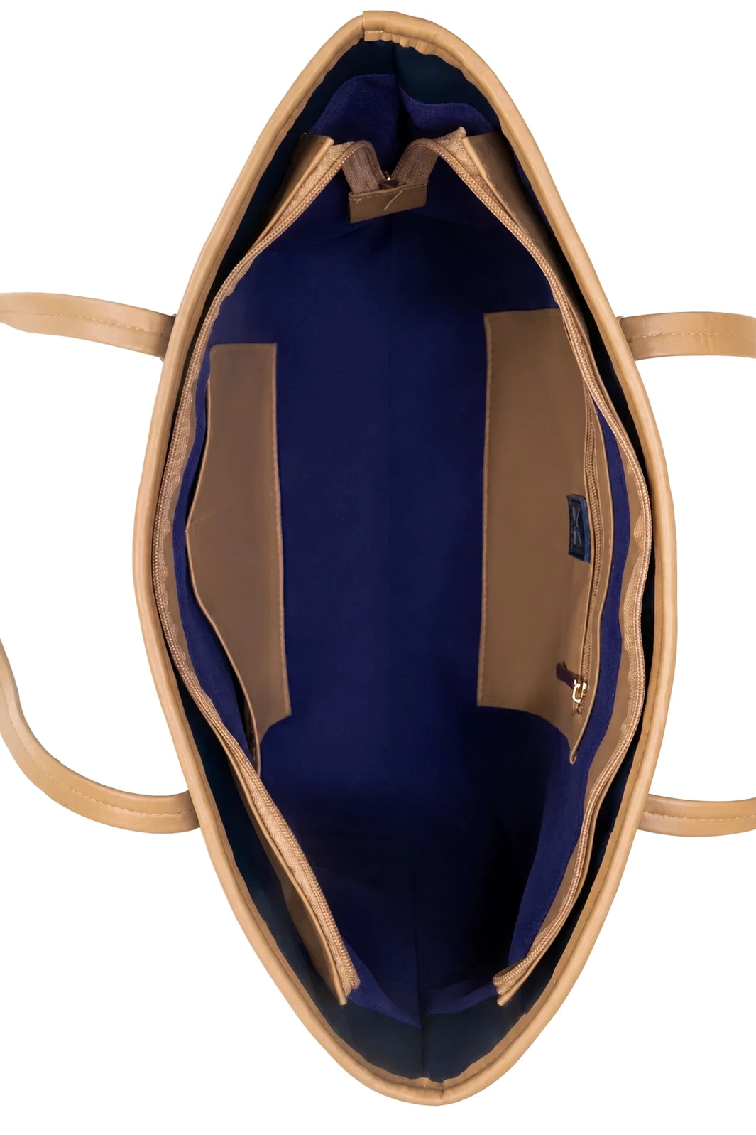 Contrast Structured Shoulder Tote Bag with Zip Top in Navy and Tan