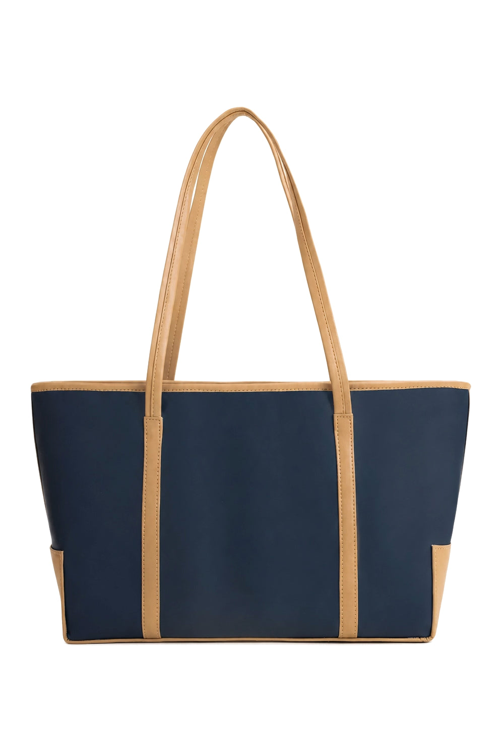 Contrast Structured Shoulder Tote Bag with Zip Top in Navy and Tan