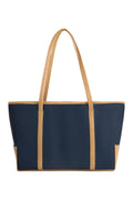 Contrast Structured Shoulder Tote Bag with Zip Top in Navy and Tan
