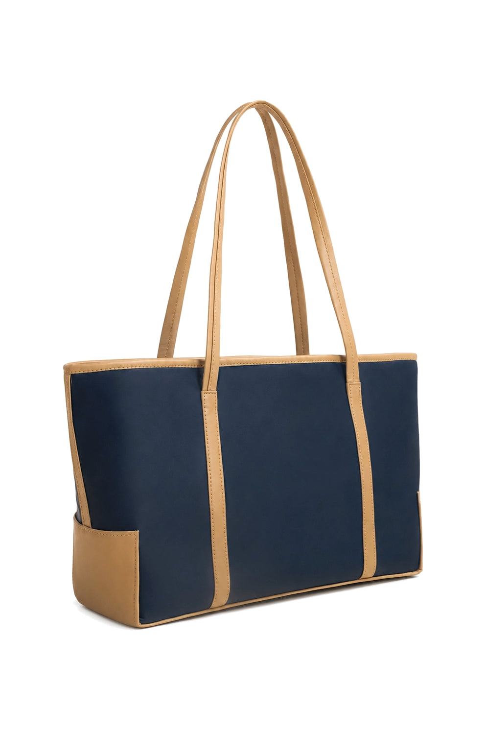 Contrast Structured Shoulder Tote Bag with Zip Top in Navy and Tan