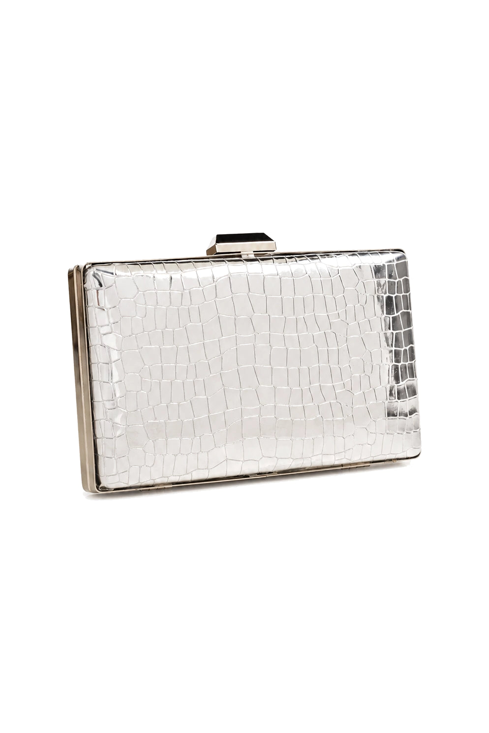 Croc-Embossed Box Clutch with Detachable Chain Strap in Silver