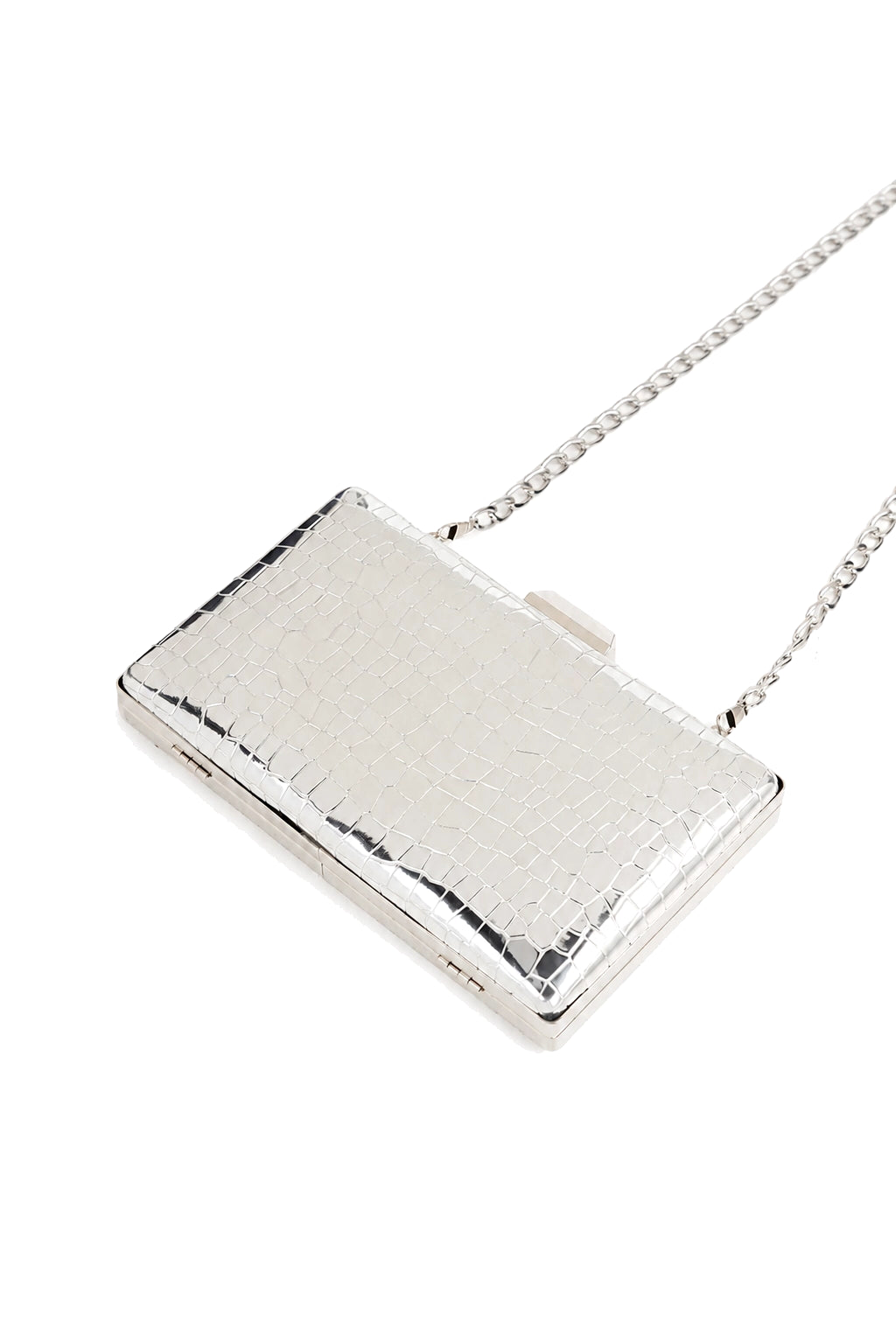Croc-Embossed Box Clutch with Detachable Chain Strap in Silver