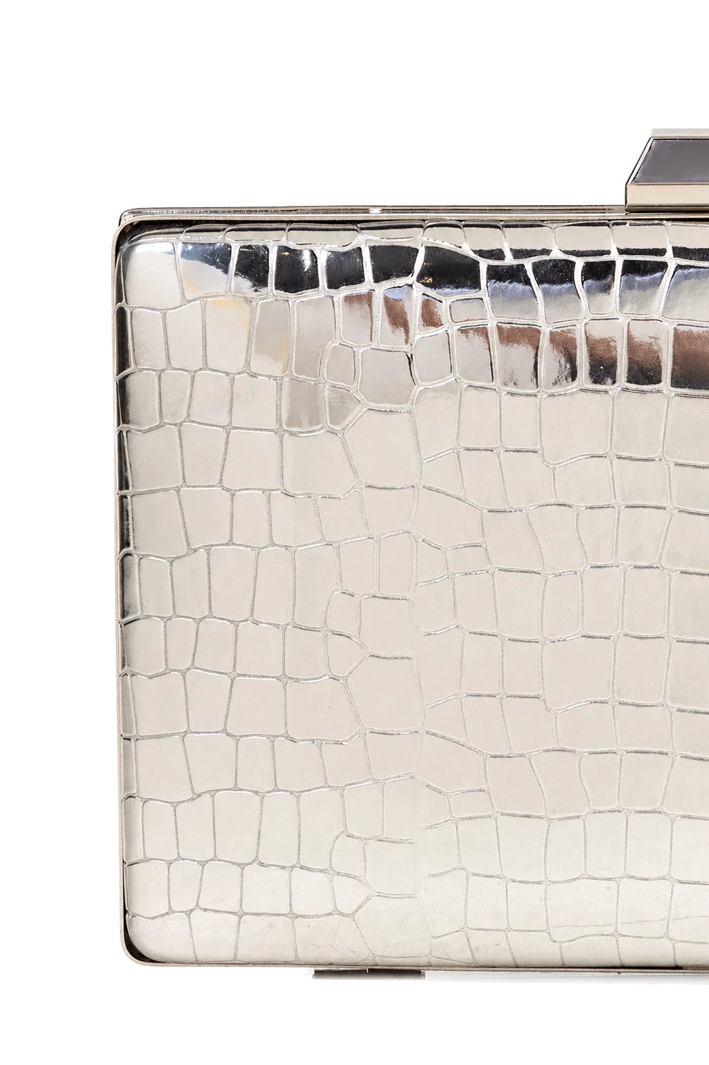 Croc-Embossed Box Clutch with Detachable Chain Strap in Silver