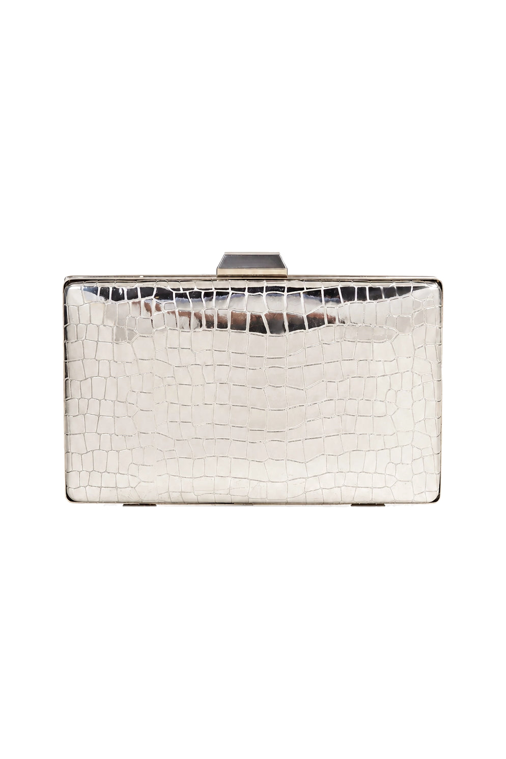 Croc-Embossed Box Clutch with Detachable Chain Strap in Silver