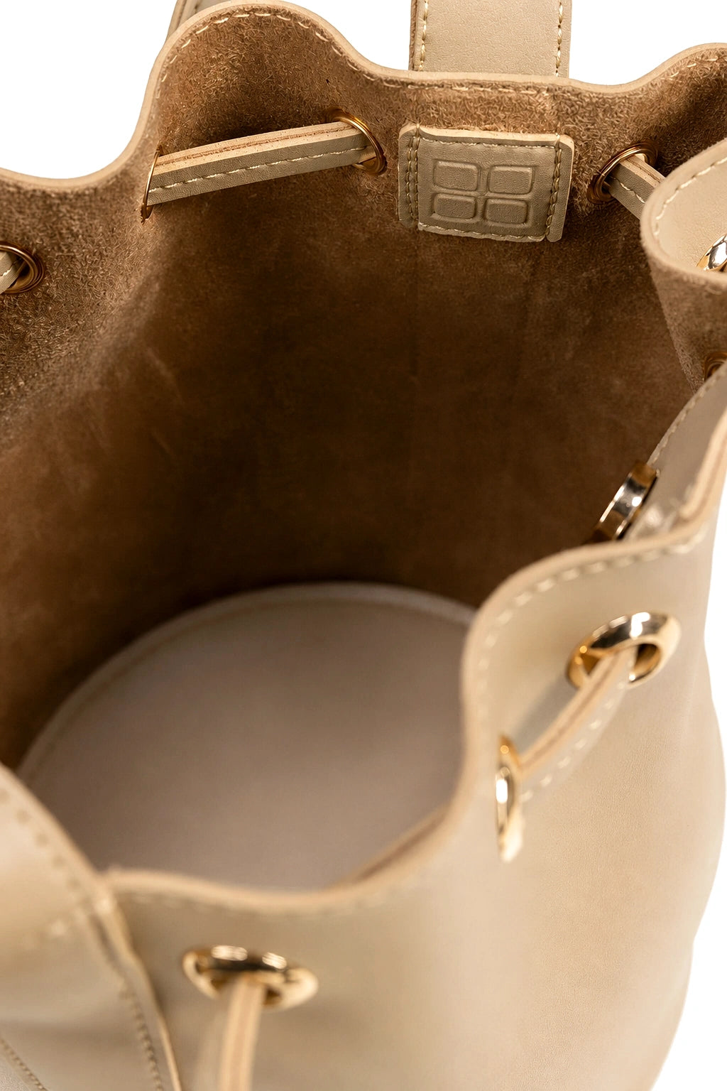 Cylindrical Drawstring Bucket Bag with Adjustable Strap in Tan