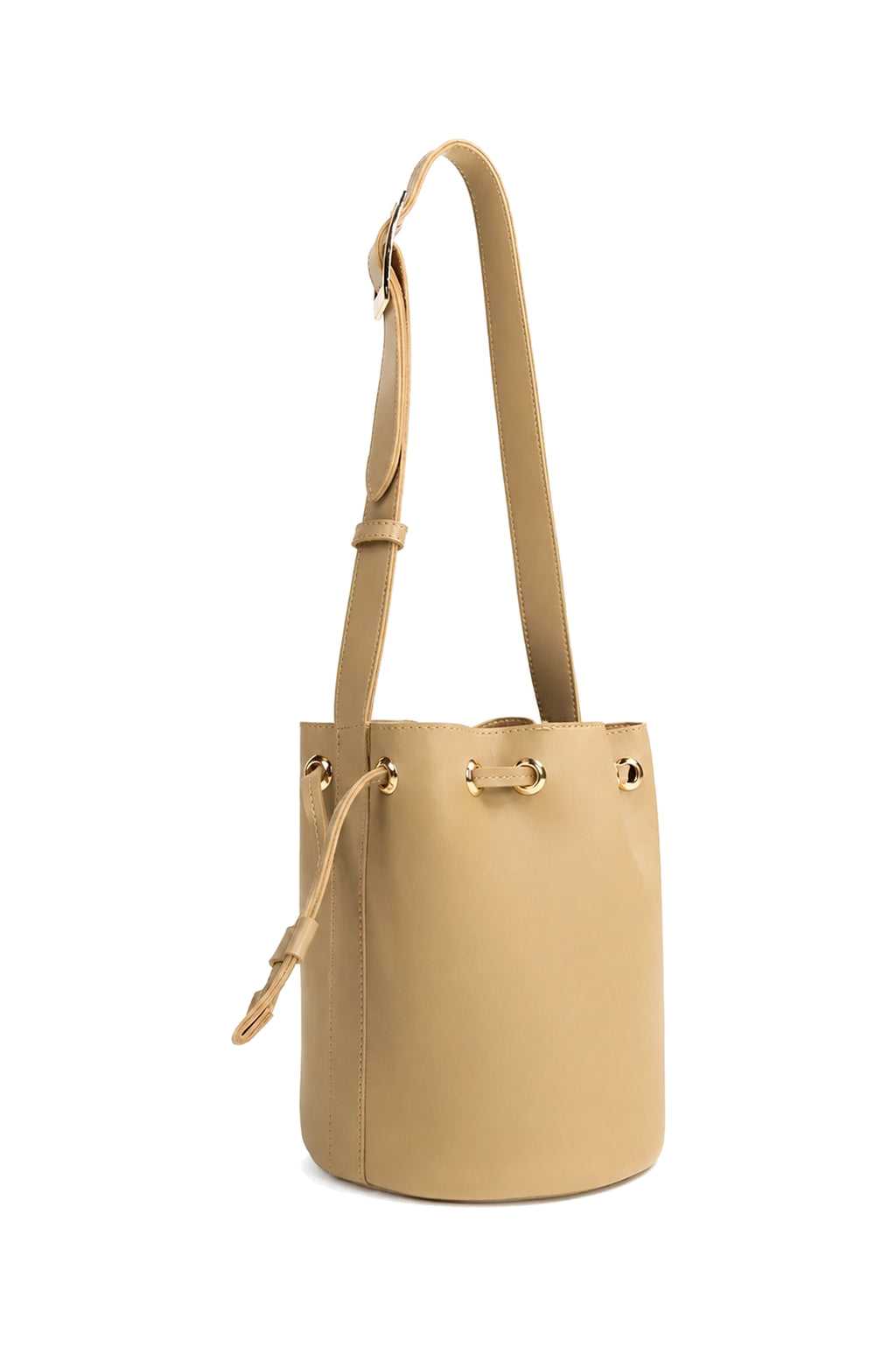 Cylindrical Drawstring Bucket Bag with Adjustable Strap in Tan