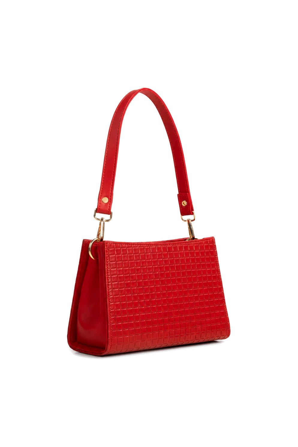 Embossed Grid Shoulder Bag with Short and Long Straps in Red