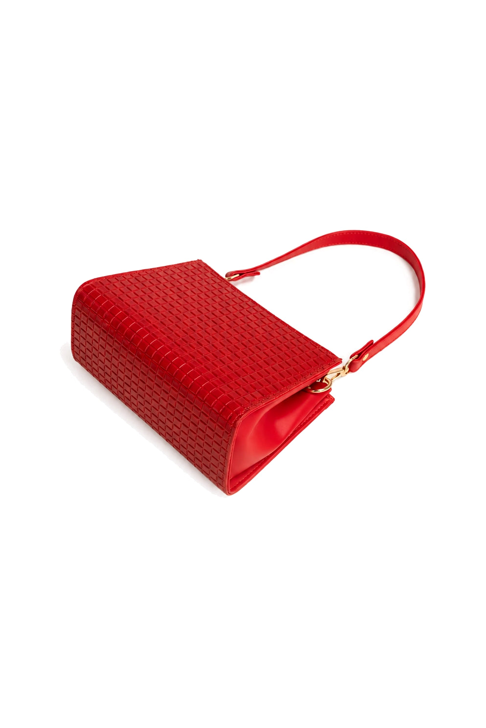 Embossed Grid Shoulder Bag with Short and Long Straps in Red