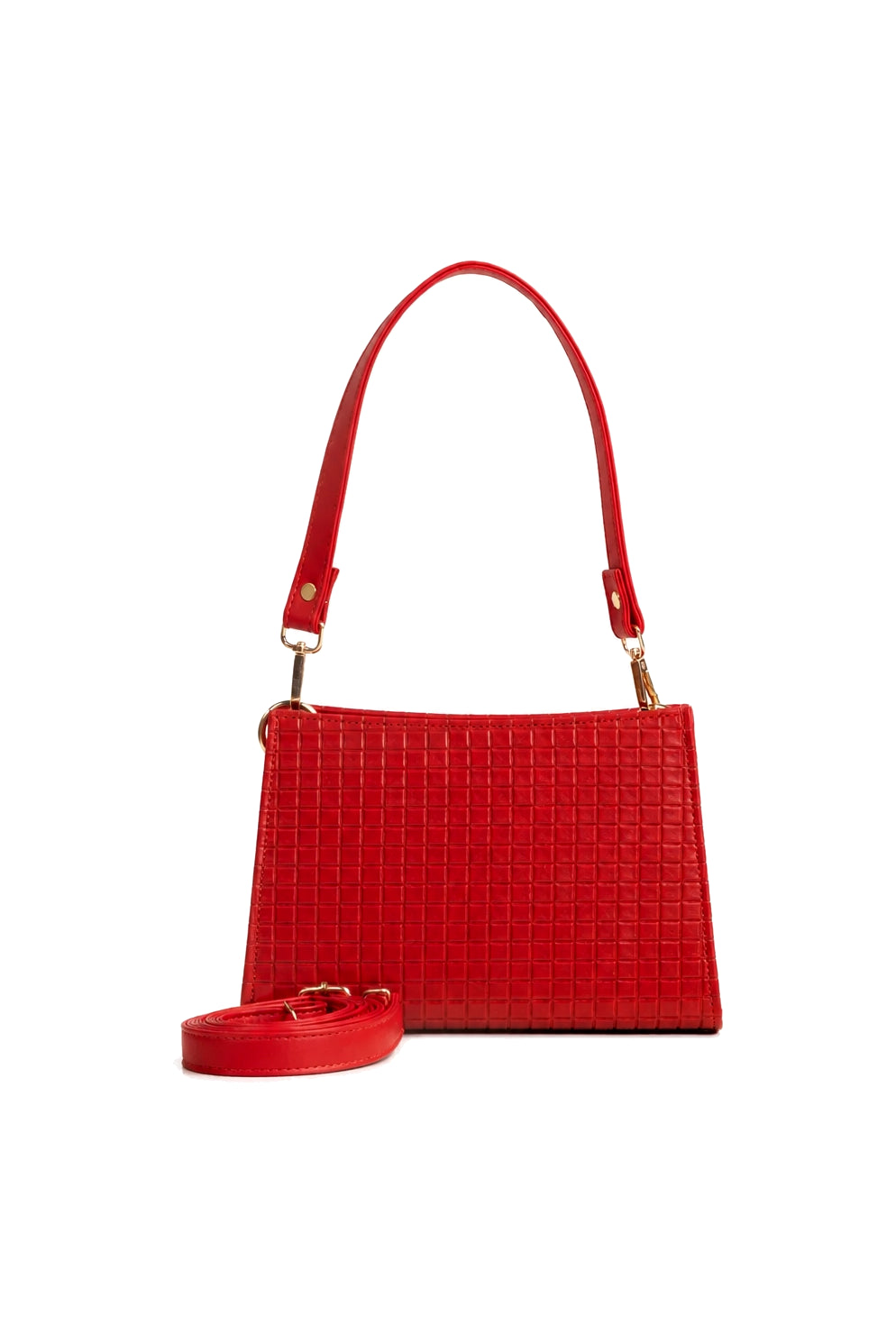 Embossed Grid Shoulder Bag with Short and Long Straps in Red
