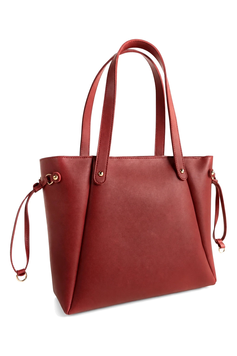 Structured Shoulder Tote Bag with Zip Top and Side Ties in Burgundy