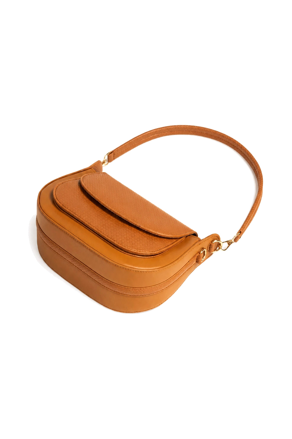 Textured Flap Saddle Bag with Short and Long Straps in Caramel