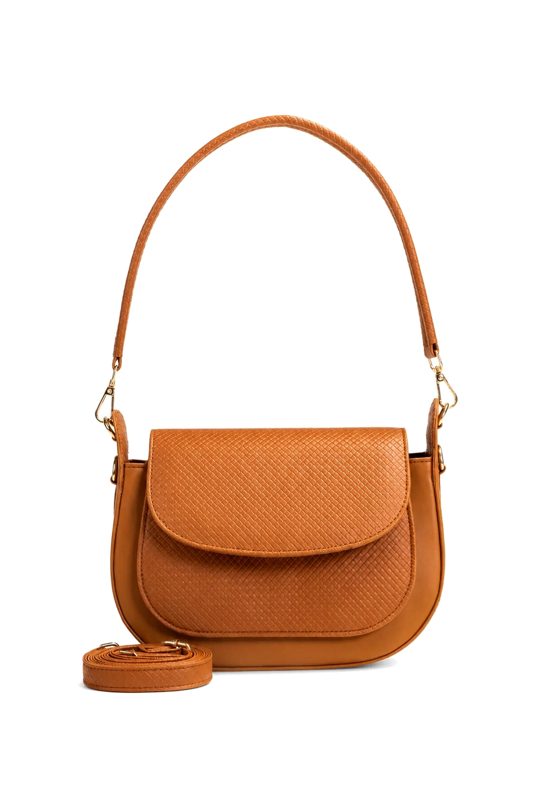 Textured Flap Saddle Bag with Short and Long Straps in Caramel