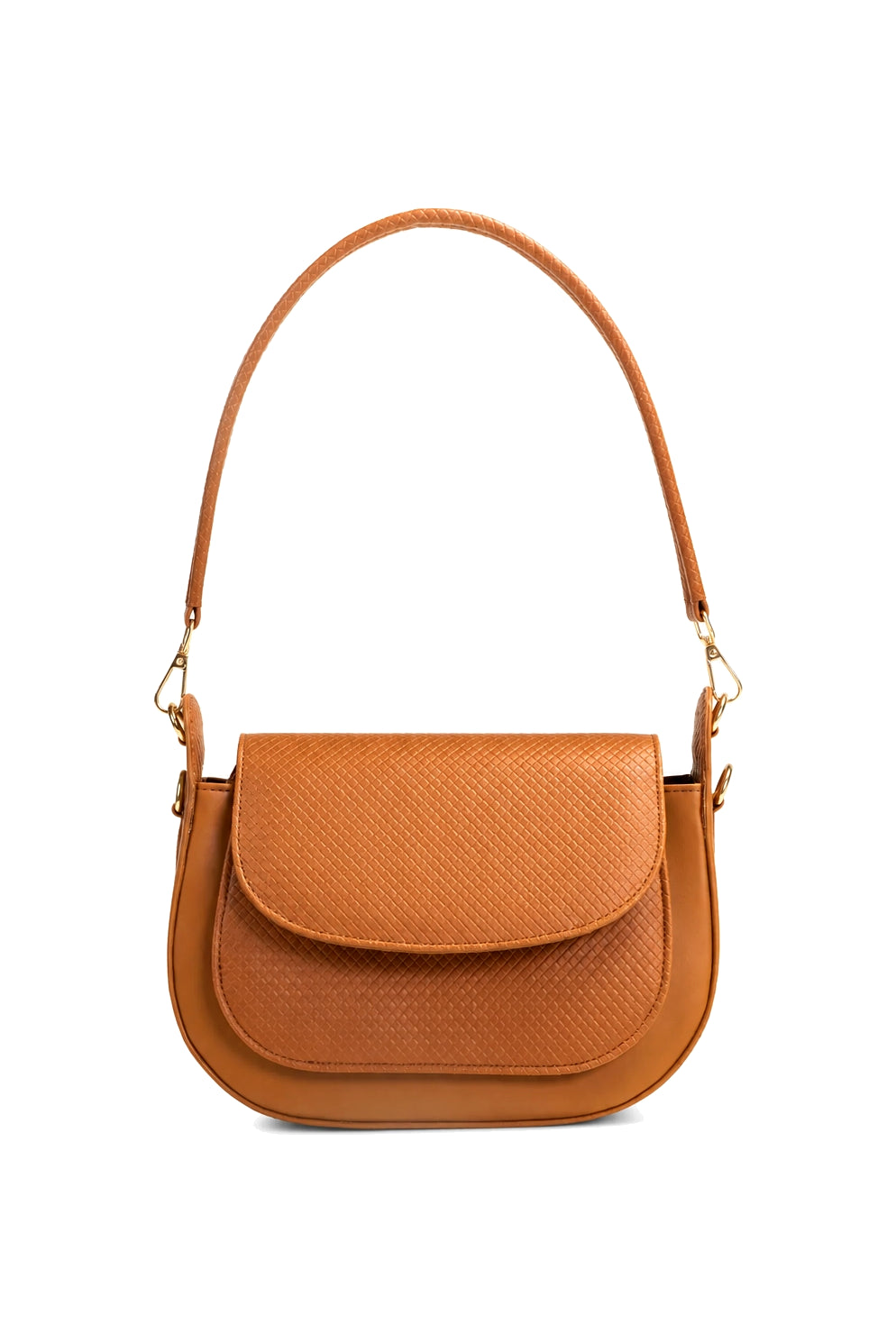 Textured Flap Saddle Bag with Short and Long Straps in Caramel