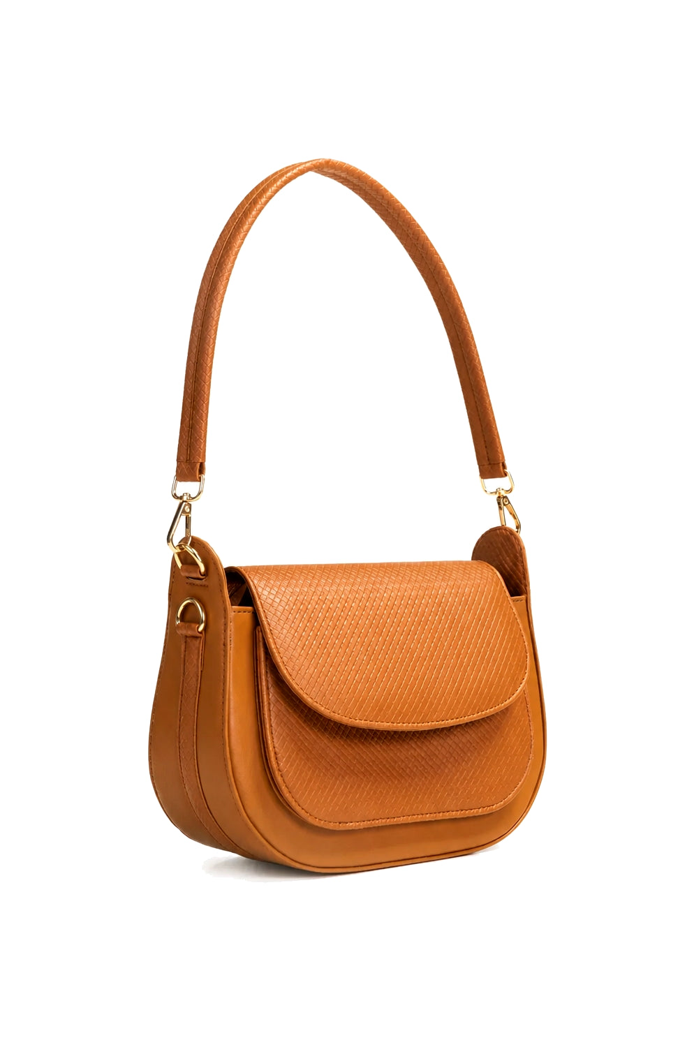 Textured Flap Saddle Bag with Short and Long Straps in Caramel