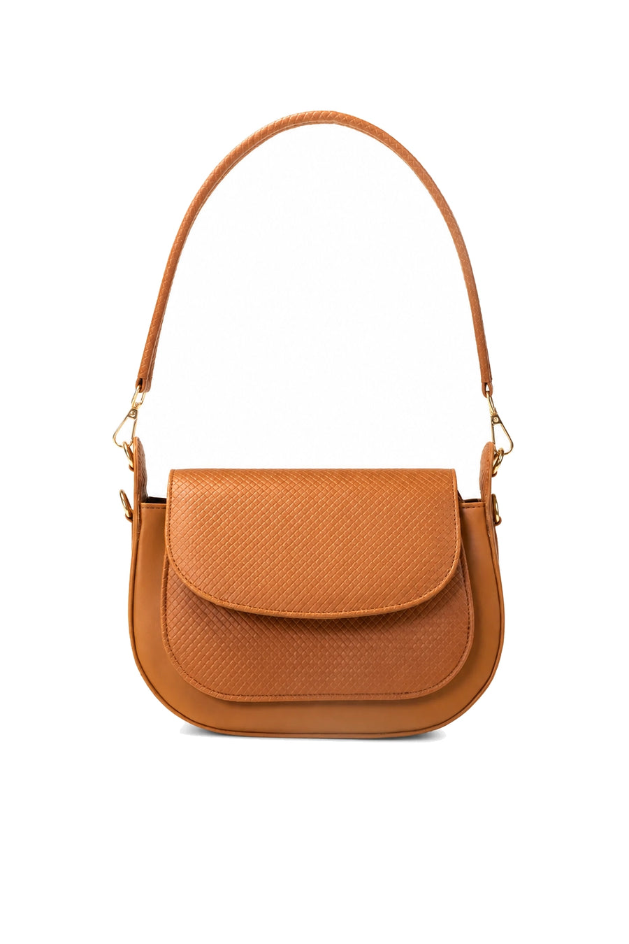 Cognac Tan Textured-Flap Saddle Shoulder Bag