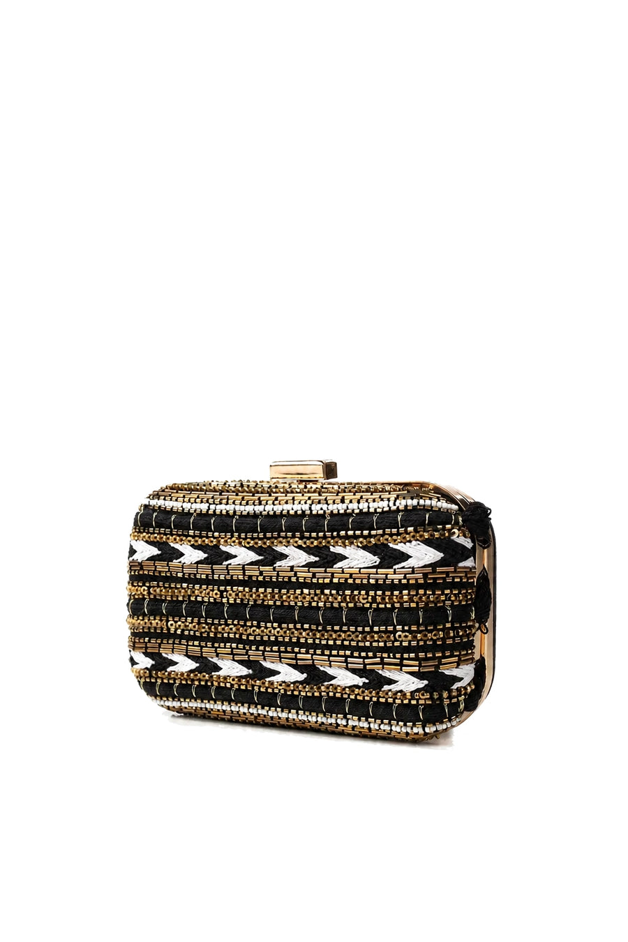 Black, White and Gold Beaded Satin Box Clutch with Removable Chain Strap – Twilight Grace