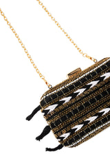 Black, White and Gold Beaded Satin Box Clutch with Removable Chain Strap – Twilight Grace