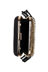 Black, White and Gold Beaded Satin Box Clutch with Removable Chain Strap – Twilight Grace