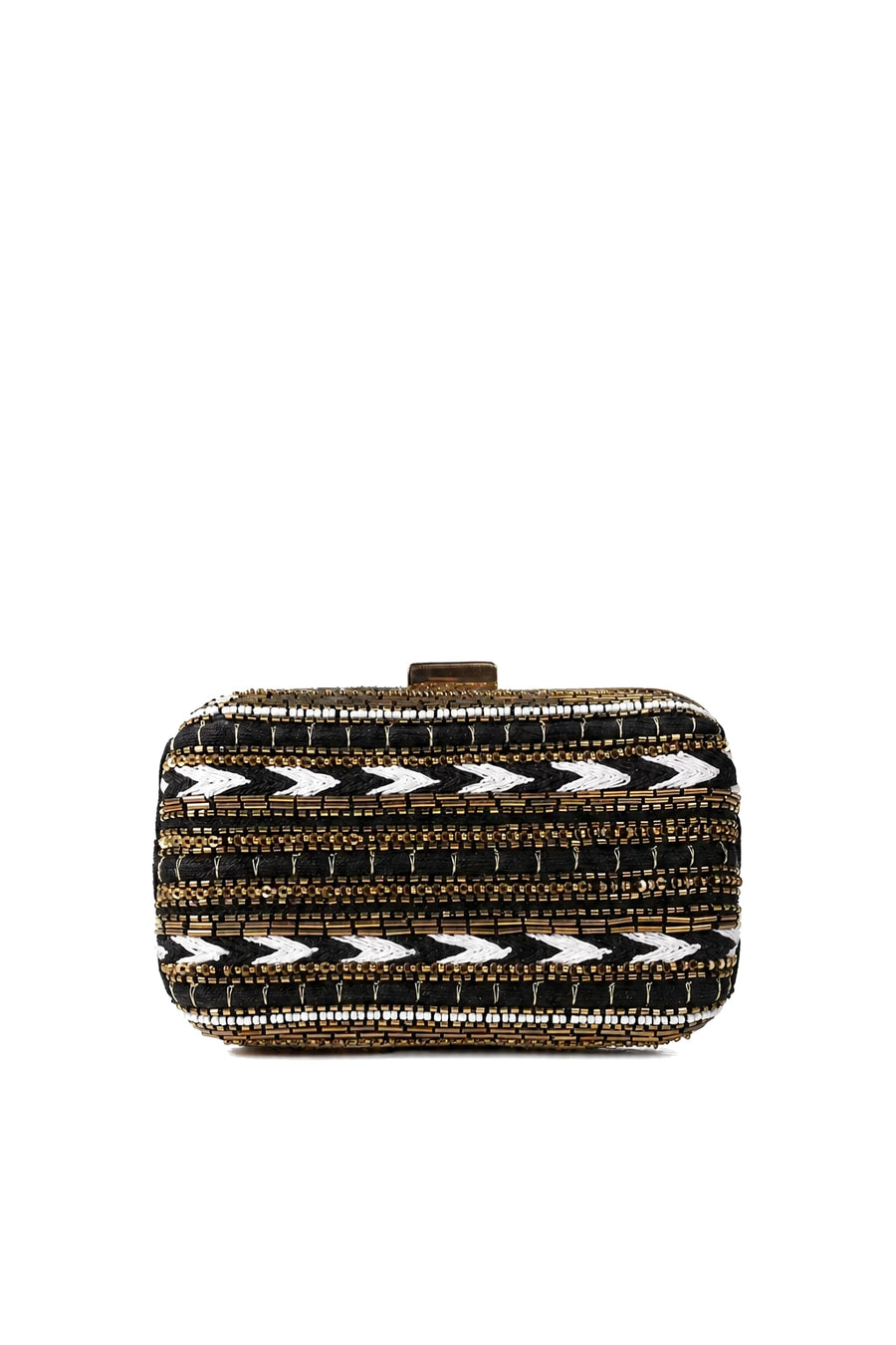 Black, White and Gold Beaded Satin Box Clutch with Removable Chain Strap – Twilight Grace