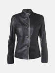 Women's Open Front Collarless Black Leather Jacket